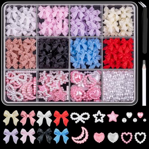 600 Pcs 3D Nail Bow Charms & Pearl Nail Gems Set - 8 Colors