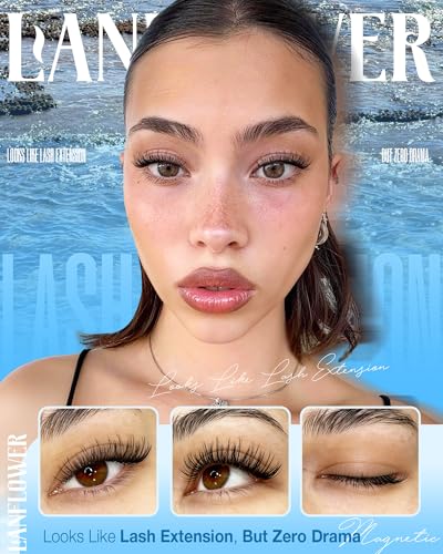 Lanflower D-Magnetic Eyelashes with Applicator & Primer, Natural Wispy Cat Eye Reusable Magnetic Lashes, No Glue Needed