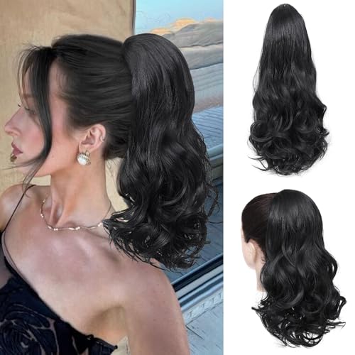 Mychanson 16 Inch Black Curly Wavy Drawstring Ponytail Extension