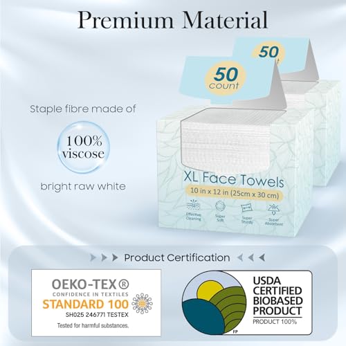Fygrip 2 Pack of 50 XL Disposable Face Towels 10x12 Inches, Soft & Thick, Double Sided for Face & Skin Care
