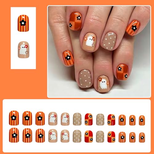 Dozsyt Halloween Press On Nails - Polka Dot Brown Ghost, 24Pcs, Halloween Nails - Variation THIS listing