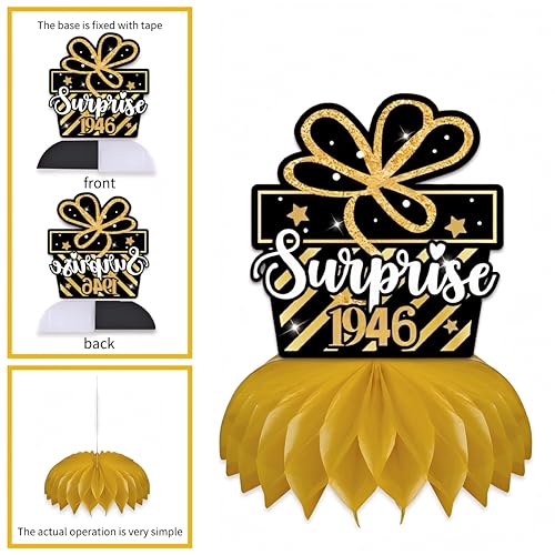 80th Birthday Decorations - 9-Piece Black & Gold Honeycomb Centerpieces