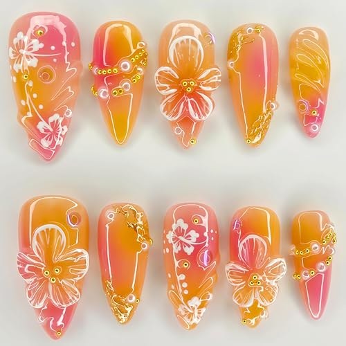 3D Embossed Hibiscus Press On Nails - Orange Pink Gradient, 24pcs