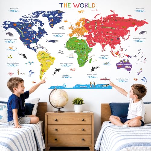 DECOWALL Colorful World Map Wall Stickers for Kids - Educational Peel and Stick Decals