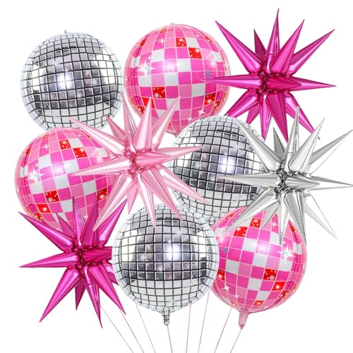 10pcs Disco Ball Party Balloons - Pink & Silver Mylar Decorations