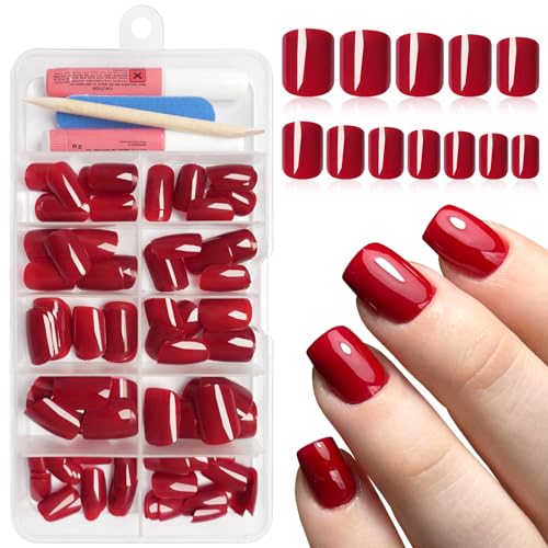 Bellelfin Short Red Square Press-On Nails Kit 120Pcs with Glue & Tools