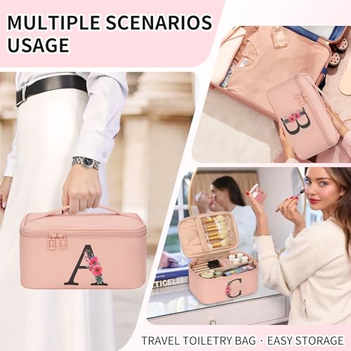 Personalized Initial Makeup Bag - Pink Travel Organizer with Brush Holder