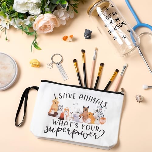 Veterinary Appreciation Gifts Set - Paterr 3 Pcs Vet Tech Thank You Gift with Dog Paw Makeup Bag, Cup & Keychain