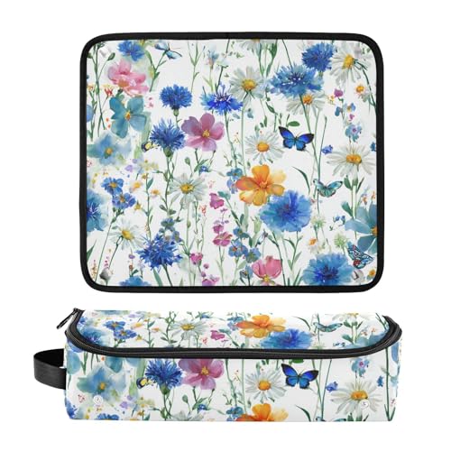 Travel Hair Tools Bag with Heat Resistant Mat - Watercolor Cornflower Daisy