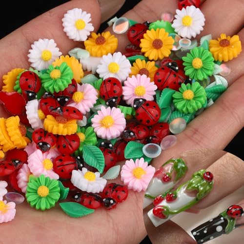 Ladybug Nail Charms 100Pcs Colorful Insect & Flower Nail Art Decorations