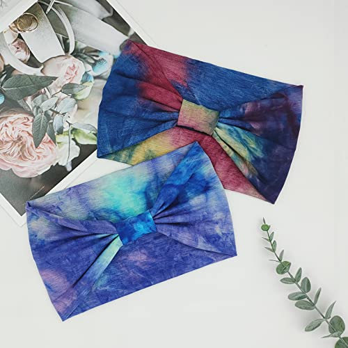 YONUF Wide Headbands for Women 4 Pack Blue Tie Dye Boho Knotted Hair Accessories