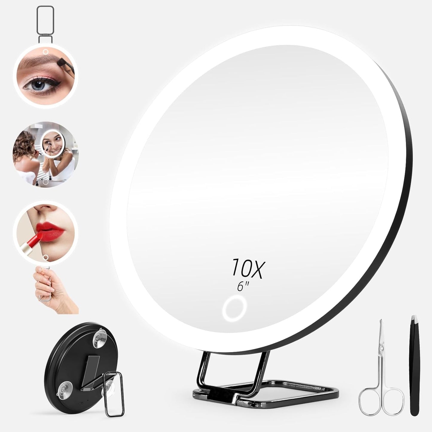 10X Magnifying Mirror with Lights - 6-Inch Lighted Travel Makeup Mirror | 3 Suction Cups & 360° Adjustable Bracket, Includes Tweezers & Scissors