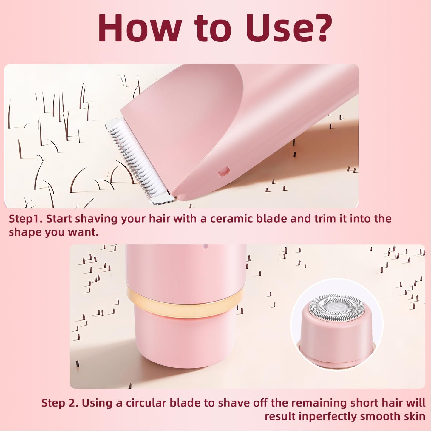 Hzrizowx Bikini Trimmer for Women, 2-in-1 Dual Head Electric Razor Painless Hair Removal, IPX7 Waterproof USB Rechargeable Portable Body Shaver, Gifts for Women