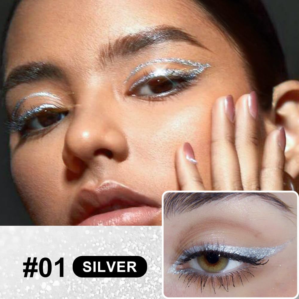 evpct 2Pcs Silver & Gold Glitter Sparkling Liquid Eyeliner, Metallic Shimmer Light Silver Eyeliner Liquid Eye Liner Eyeshadow Pencil Face Body Glitter Makeup, Longwear Waterproof, Eyelashes Mascara