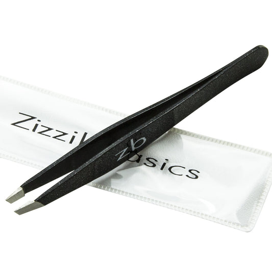 Tweezers – Surgical Grade Stainless Steel - Slant Tip for Expert Eyebrow Shaping and Facial Hair Removal – with Protective Pouch - Best Tweezer for Men and Women (Black)