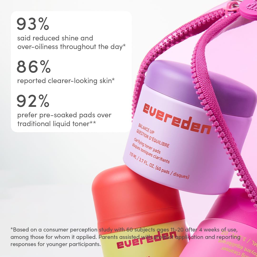 Evereden Balance Up Toner Pads - Clean and Vegan Teen Water-Based Face Pads with Mandelic Acid, Niacinamide, & PHAs - Oily and Pimple-Prone Skin - Healthy-Looking Skin & Clog-Free Pores