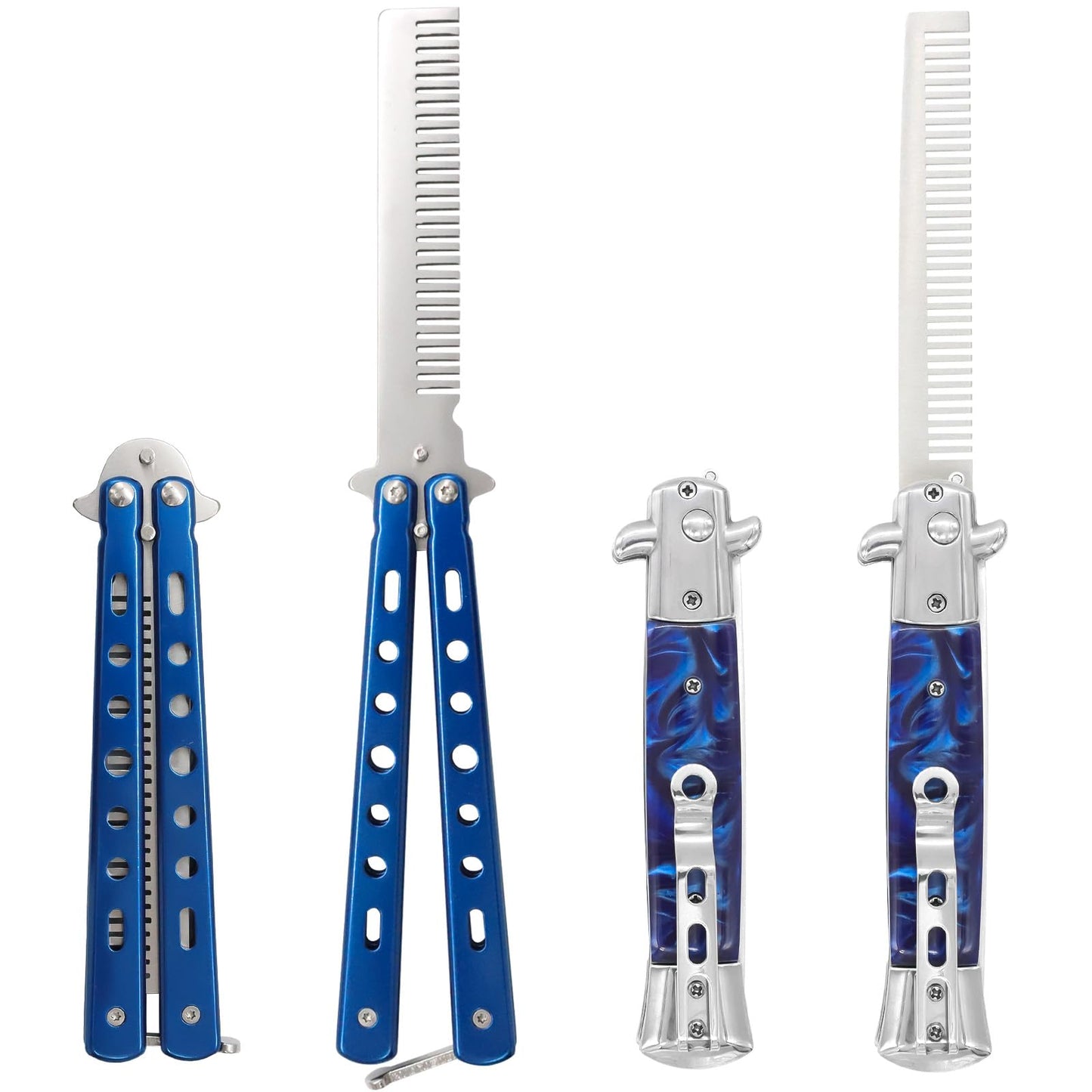 2PCS Switchblade Hair Comb - Automatic Switch Folding Pocket Combs, Stainless Steel Butterfly Comb, Hair Brush for Beard, Mustache, Switch Blade Hair Comb for Men, Beauty Tool