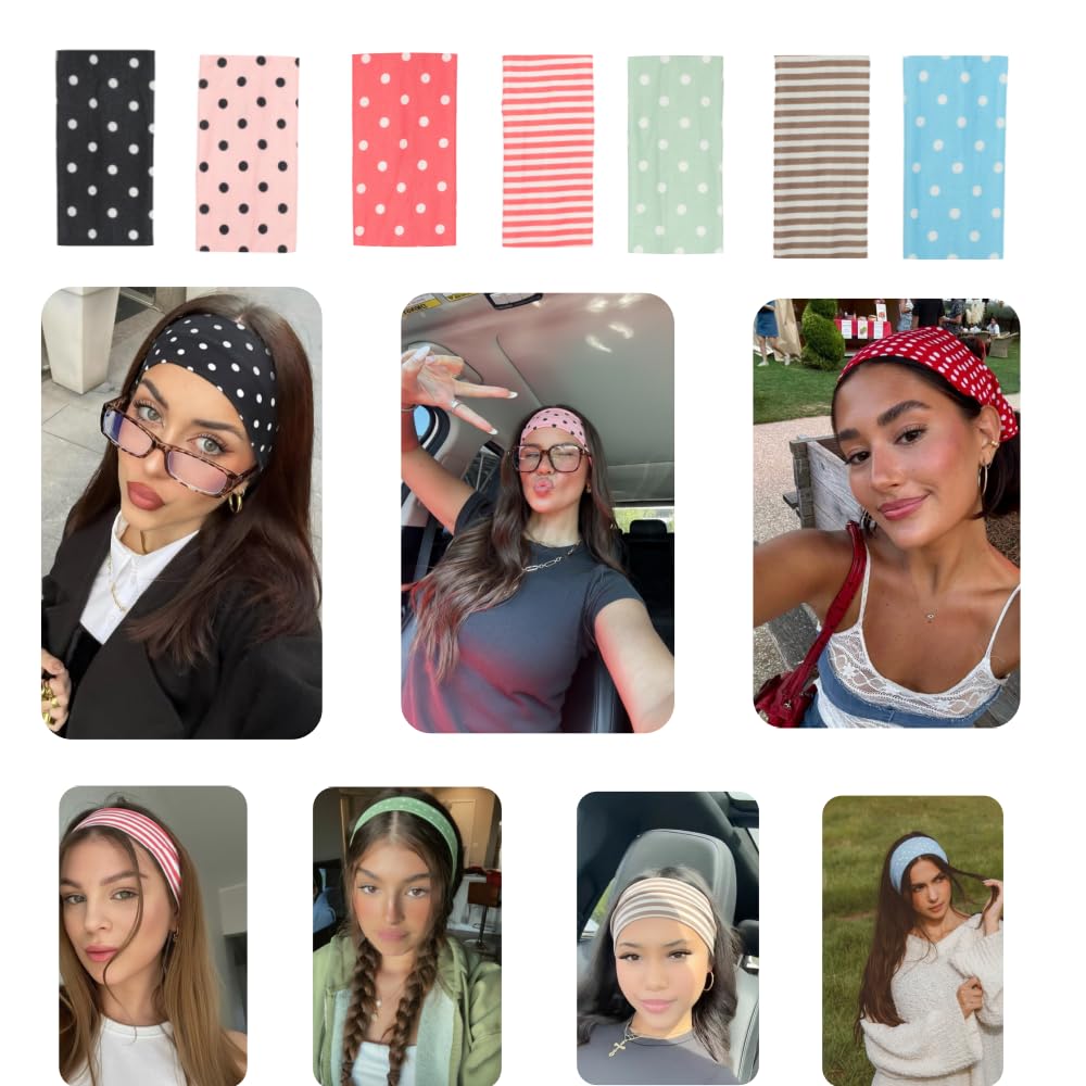 Anvnkl Stripe Headbands for Women 7 Pack Non Slip Soft Fabric Elastic for Girls Daily Cute Hairbands,Women's Fashion Headbands Polka Dot Headband
