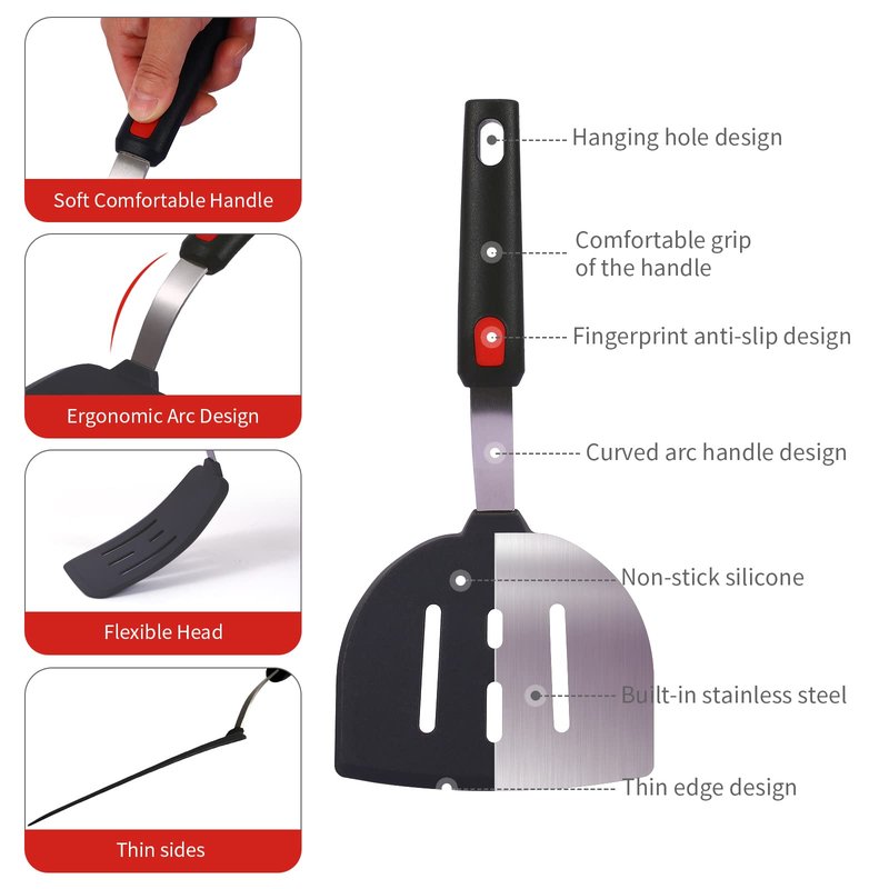 Hvanam Silicone Spatula Turner Set Large And Thin Flipper Spatulas Heat Resistant 600 ° F Slotted Flexible Turner Cooking Utensils For Nonstick Cookware Egg,Pancake,Fish,Omelette,Hamburger (3 Pack)