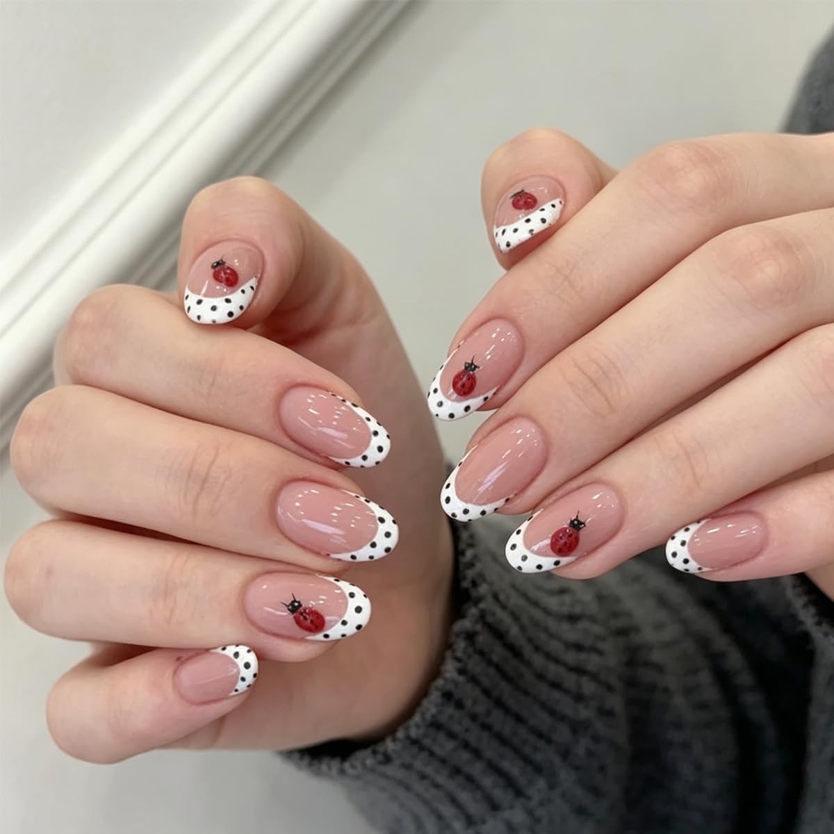 Press On Nails - Glossy Marble Medium Almond with 3D Flower & Gold Star Charms | 30 Pcs, Reusable for Ocean Beach Manicure