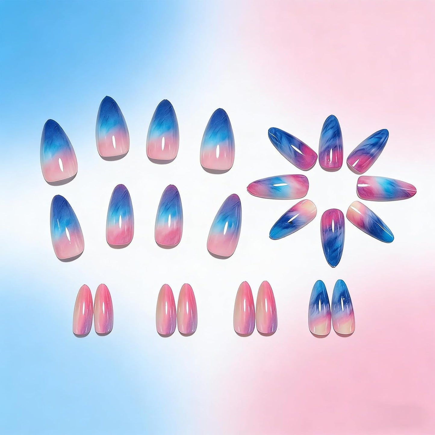 Colorful Gradient Press-On Nails - Medium Almond Summer Sunset | Reusable Glossy Full Cover 24 Pcs with Adhesive Stickers