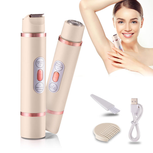 2 in 1 Bikini Trimmer for Women, Rechargeable Dual Head Electric Razors Waterproof Wet/Dry Use Body Hair Trimmer and Face Shaver for Women Pubic Hair for Bikini Underarm Leg Arm Body (Cream-Colored)