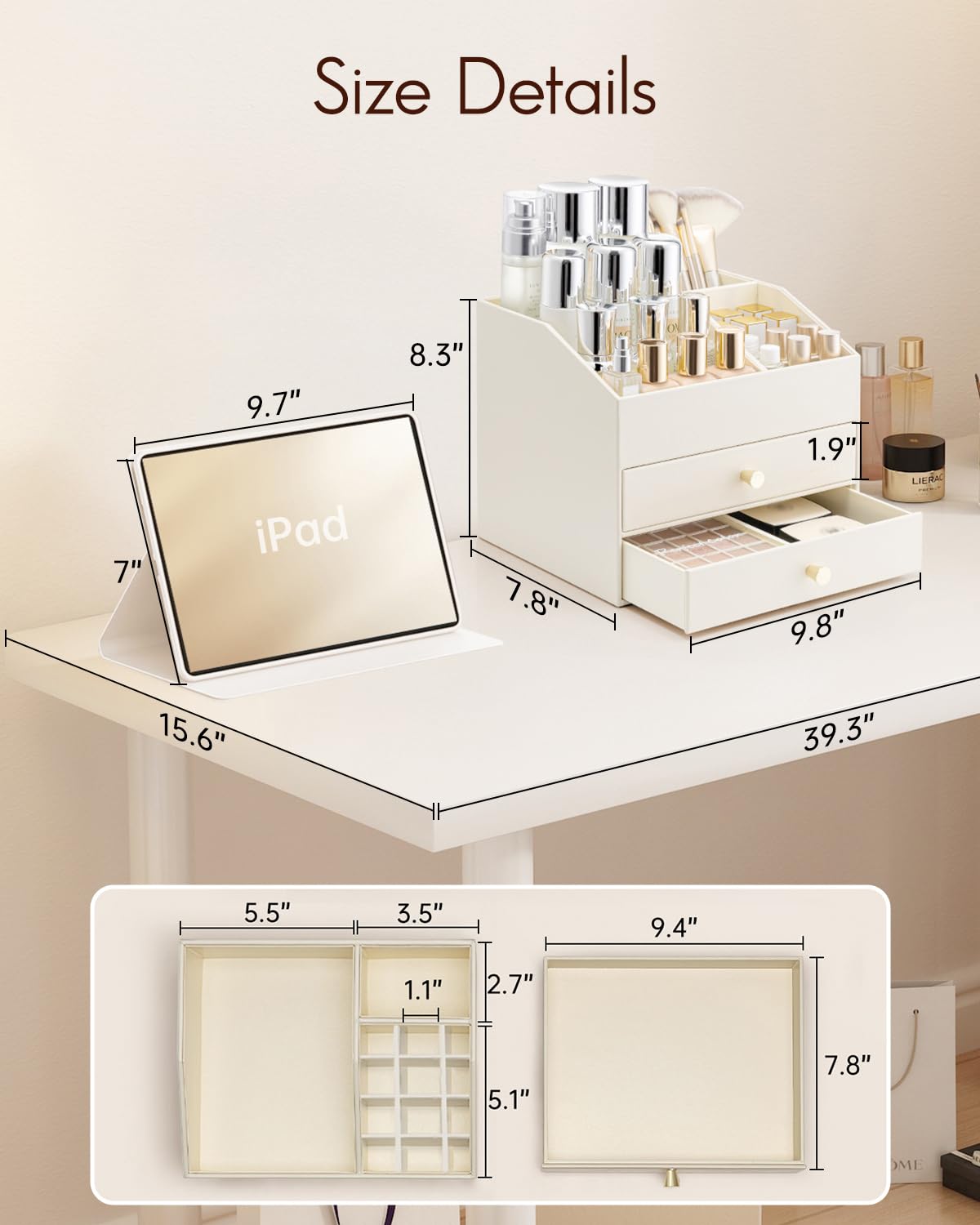 VLANDO Makeup Organizer for Vanity,Large Capacity Bathroom Counter Organizer with Drawers,PU Leather Skin Care Storage for Lipstick,Brushes,Perfumes (Beige)