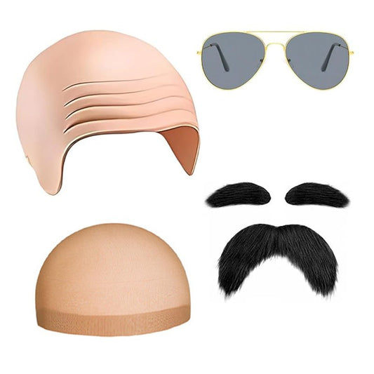 CZFSWT 4 Pcs Bald Cap Costume Accessories Set for Role Play, Bald Caps Bald Wig, Halloween Party, Stage Performance, Includes Bald Cap, Glasses, Hair Net, Fake Mustache
