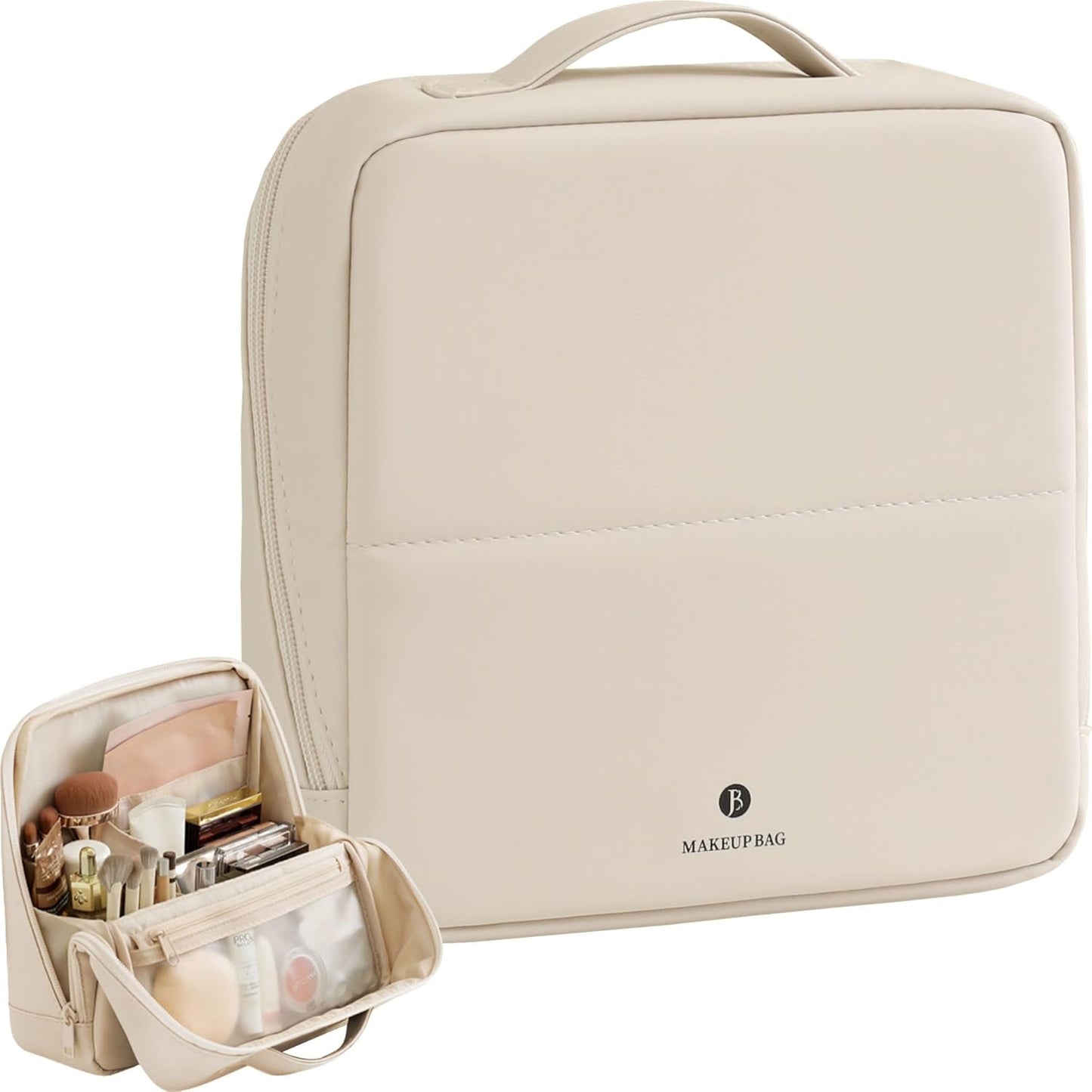Travel Makeup Bag - Waterproof Leather Cosmetic Organizer for Women | Multi-Zone Storage, Cream, X-Large