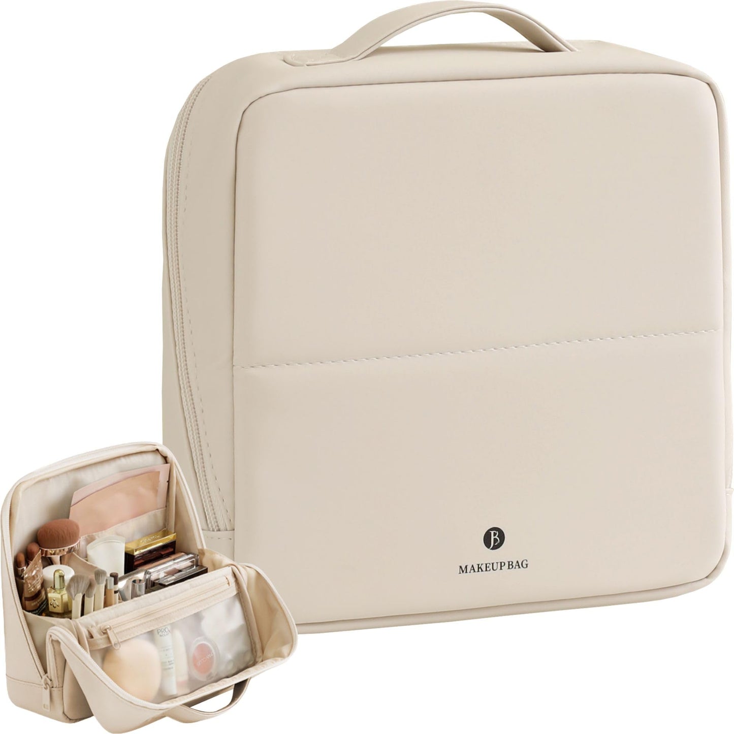 tianzong Travel Makeup Bag with Magnetic Fold-Down Flap, Waterproof Leather Cosmetic and Toiletry Organizer for Women, Multi-Zone Standing Storage, Cream, Large