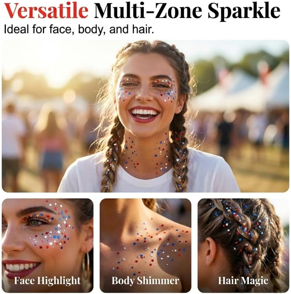 Patriotic Hair Glitter Stick - Red, White & Blue Sparkle for Body & Hair | Perfect for Fourth of July Celebrations