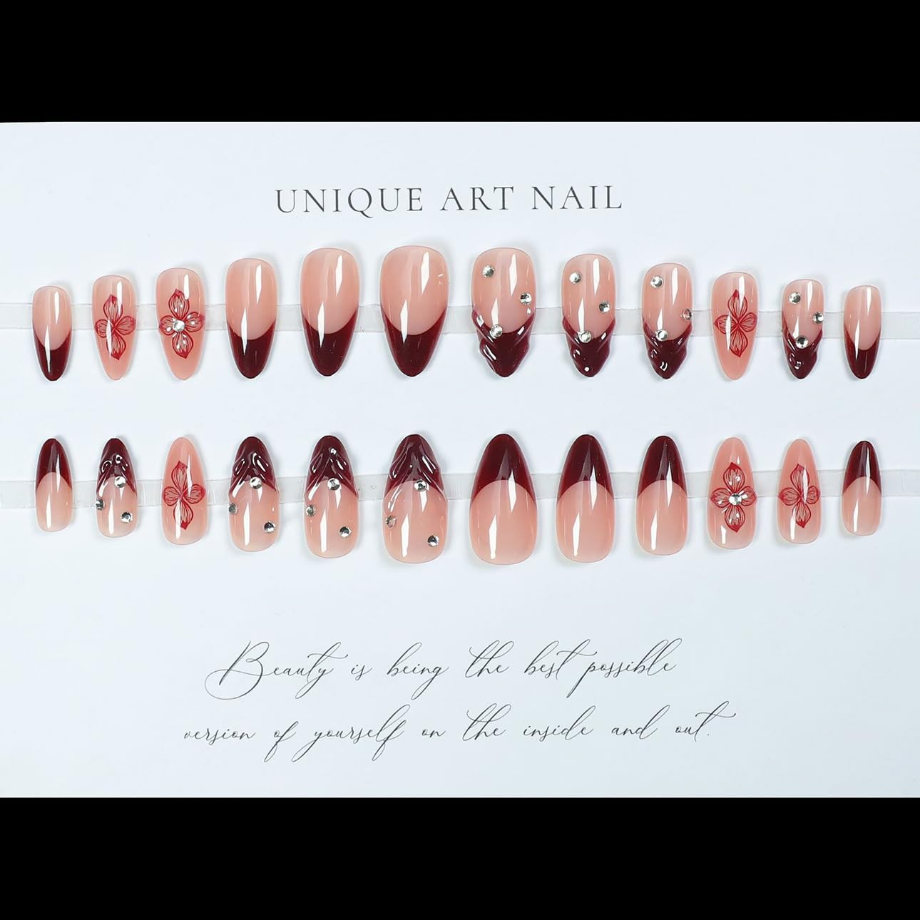 Red French Tip Press-On Nails - Almond Shape with 3D Crystal Designs | 24 Pcs Reusable Nail Kit for Manicure