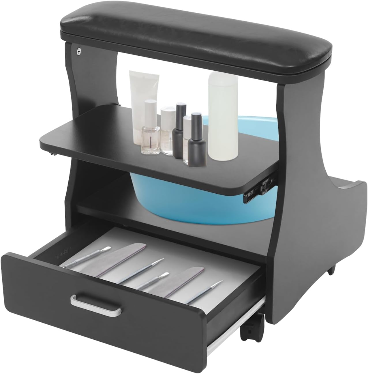 Portable Foot Rest Pedicure Trolley - 4 Wheels with Brakes | Spa Cart with Drawer for Salons & Home (Black)