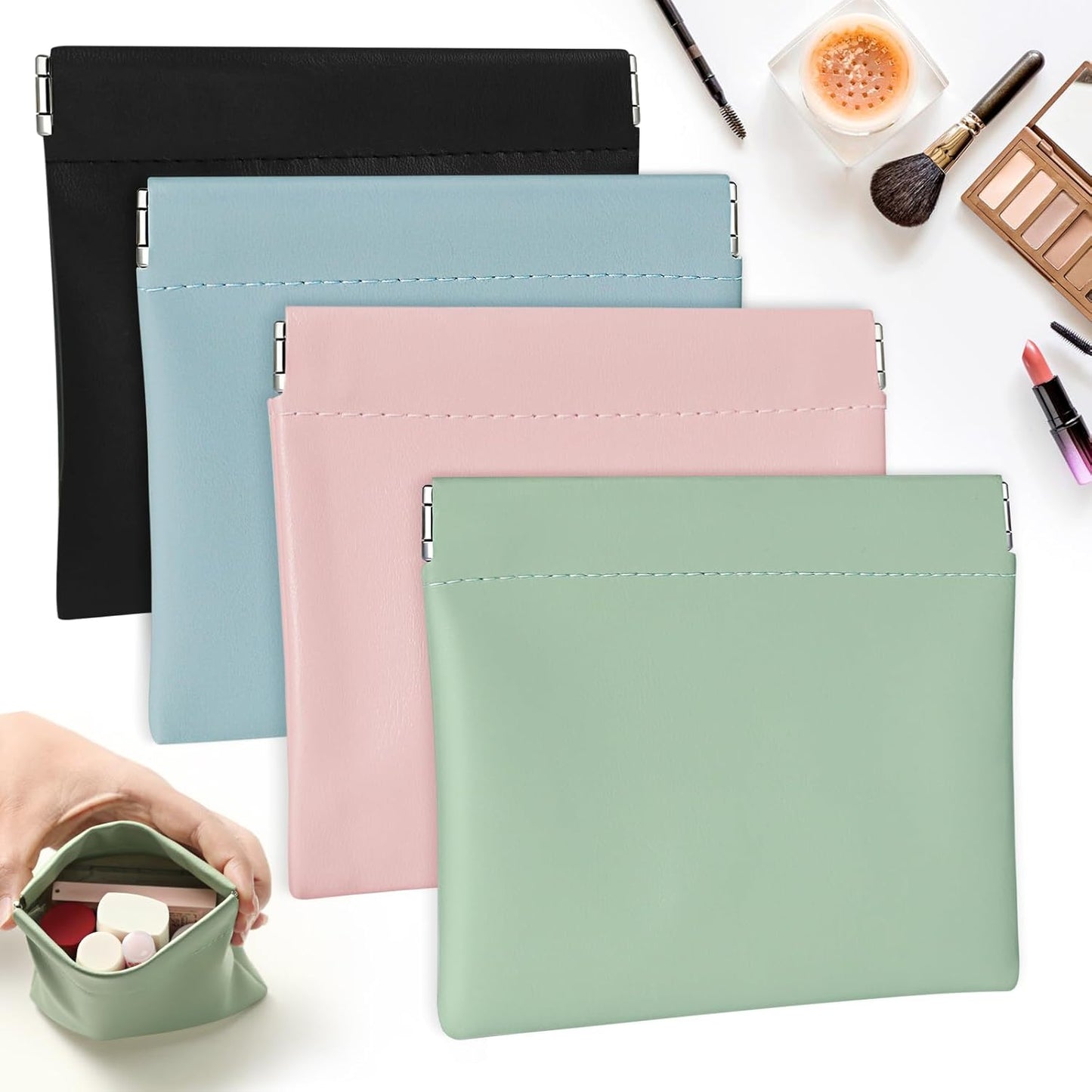 Small Leather Pocket Cosmetic Bag - Waterproof Makeup Organizer for Women | Mini Squeeze Coin Pouch - 4.7 x 4.3 In