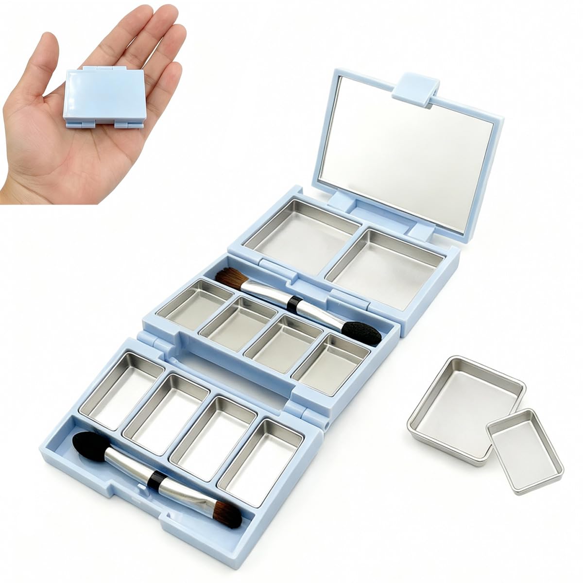 Foldable Magnetic Makeup Palette - 3-Layer DIY Travel Kit with Mirror | Compact Pink Cosmetic Organizer, 10 Pans & Brushes