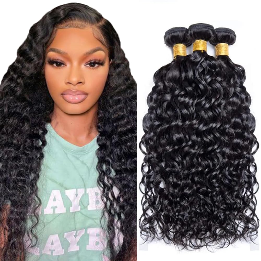 Human Hair Bundles Water Wave Bundles 12 14 16 inch 100% Unprocessed Brazilian Virgin Hair 3 Bundle Wet and Wavy Bundle #1b Color Natural Black 160g