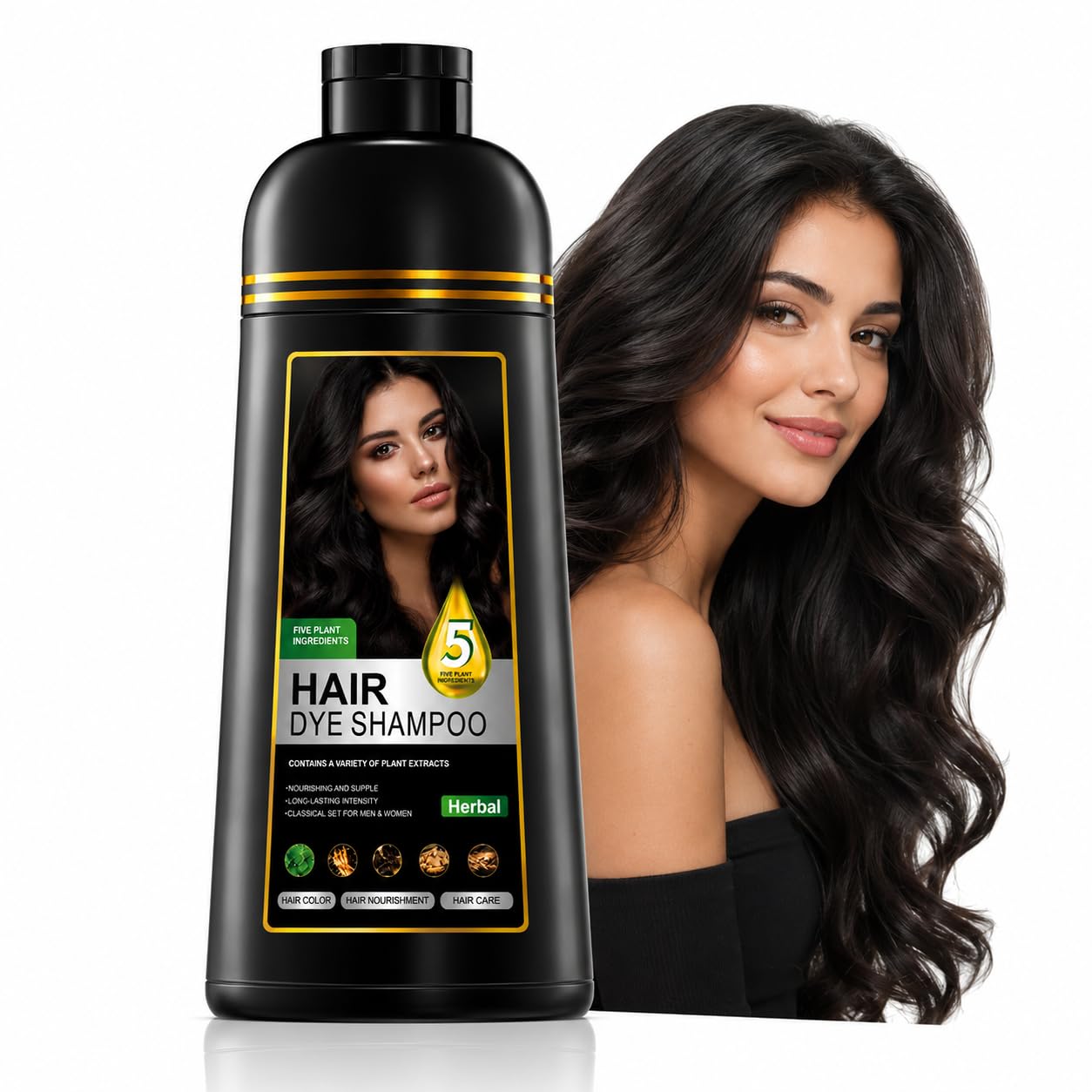 Hair Dye Shampoo 5 in 1 for Gray Hair, Herbal Hair Color Shampoo for Women & Men, Semi Permanent Hair Dye Shampoo with Hair Care & Nourishment, Easy Gray Coverage, 500ml (Natural Black)