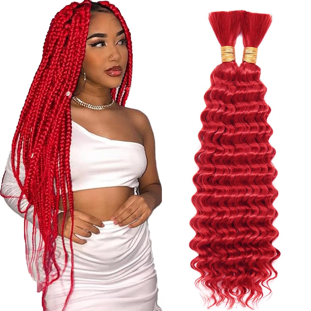 Red Human Braiding Hair for Boho Braids 100g 2 Bundles/Pack 22 22 Inch Curly Boho Hair for Braiding Color Red Deep Wave Bulk Bohemian