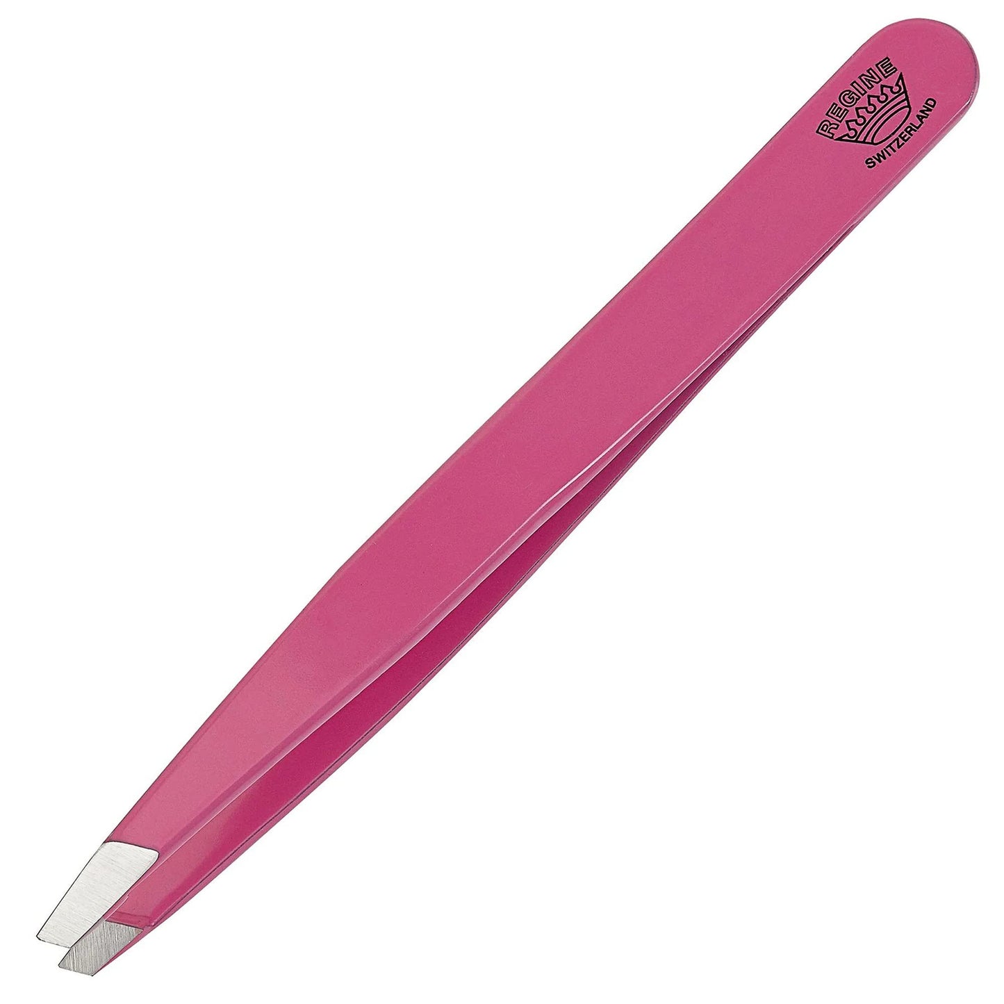 Regine Switzerland Slant Tweezer - Handmade in Switzerland - Professional Eyebrow & Facial Hair Remover - Etched Interior Grabs Hair from The Root - Perfectly Aligned Tips - Stainless Steel, Pink