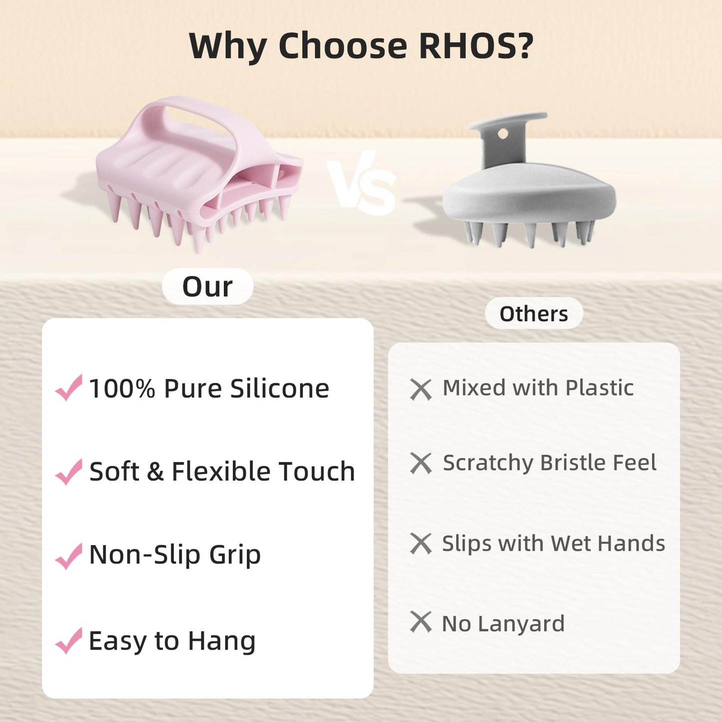RHOS Shampoo Brush, Soft Silicone Scalp Scrubber, Scalp Massager for Wet & Dry Hair, Curved Vented Hair Scrubber for Dandruff Removal (Pink)