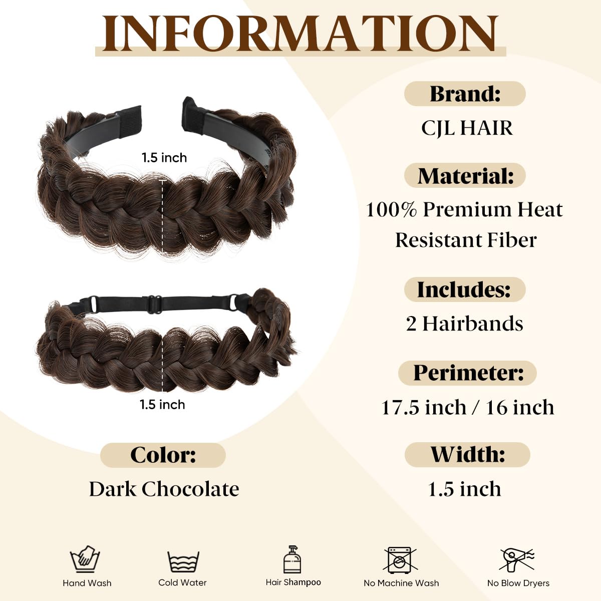 CJL Hair 2PC Braided Headbands for Women - Handmade Synthetic Hair Hoops | Dark Chocolate