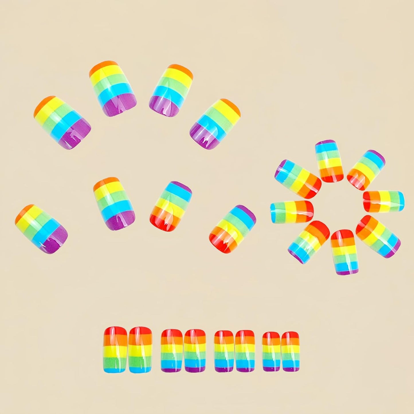 Rainbow Press On Nails - Medium Square Colorful Stripes Design | Glossy Acrylic Full Cover 24 Pcs for Women