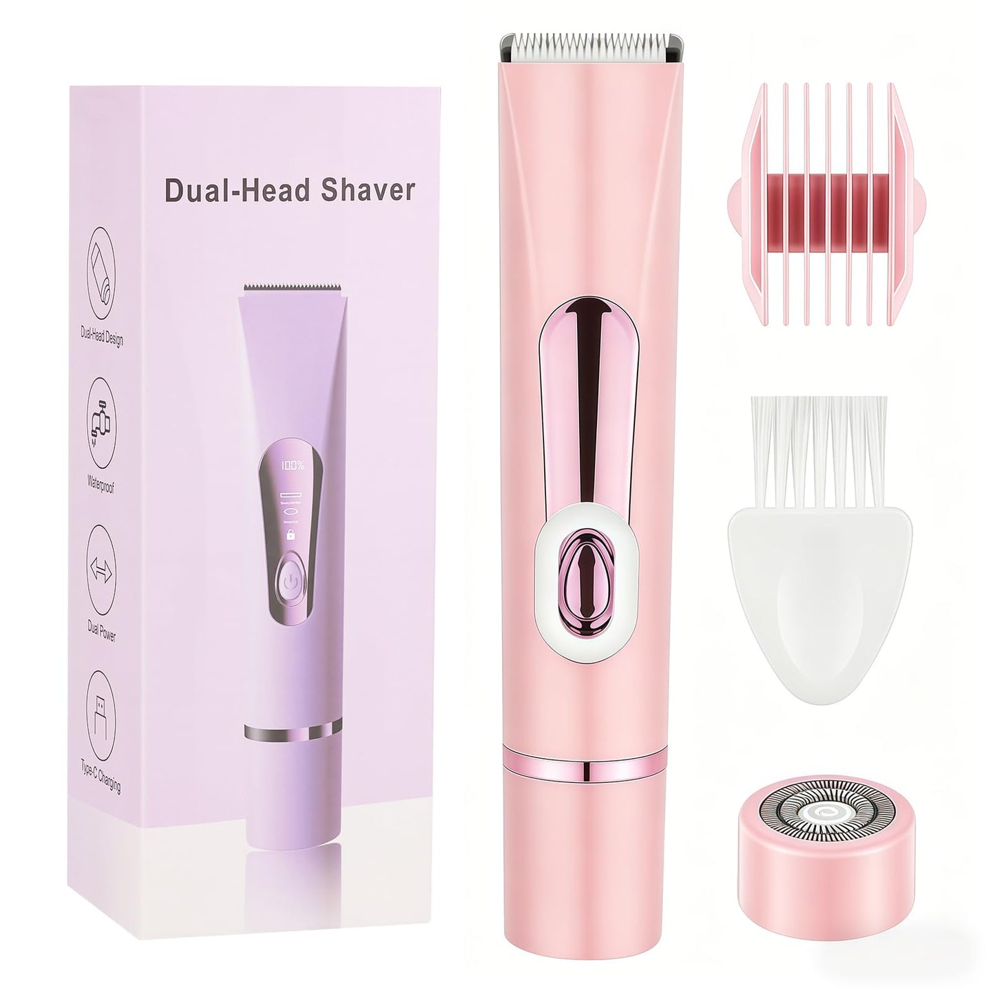 Dual Head Women Bikini Trimmer Quiet Electric Razor for Sensitive Skin IPX7 Waterproof Ceramic Blade LCD Rechargeable Pubic Hair Shaver for Armpit Leg Face (Pink)