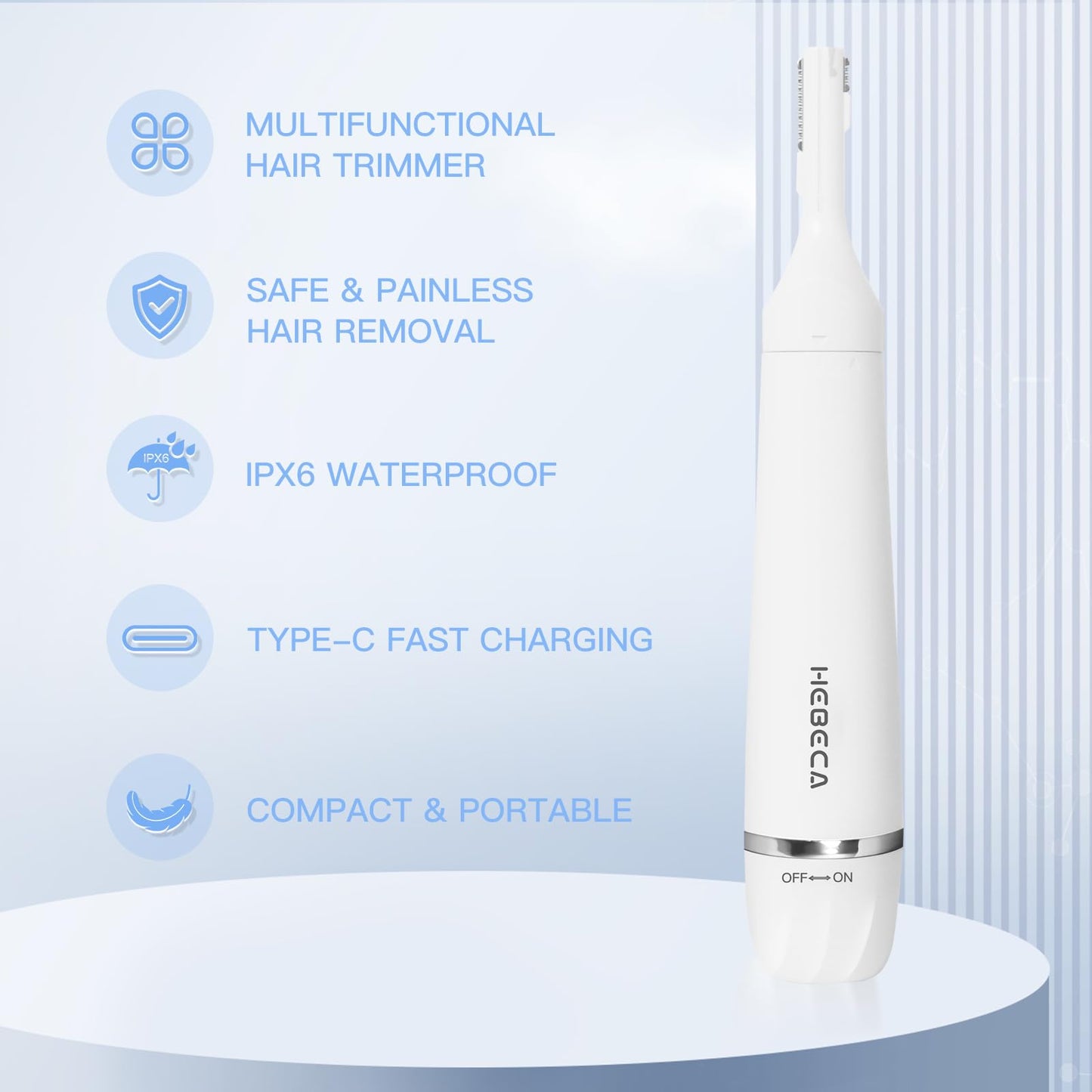 HEBECA Nose Hair Trimmer for Women and Men, 3-in-1 Electric Facial Hair Removal Rechargeable Portble Waterproof Face Shaver Razor for Nose Ear Eyebrow Peach-Fuzz Lips Chin FT3001