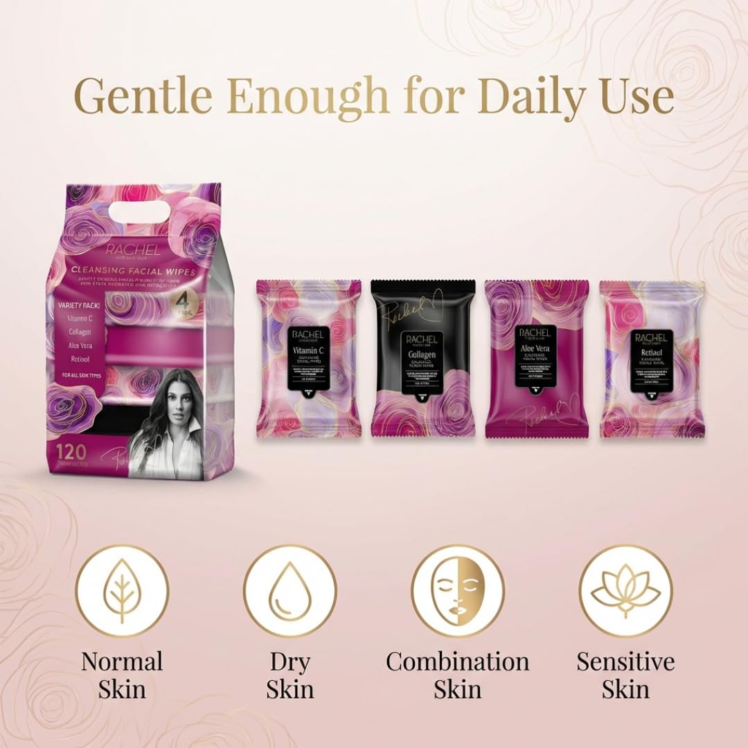 Rachel Roy Face Wipes - Cleansing Makeup Remover Wipes with Vitamin C, Retinol & Aloe Vera | 120 Pack