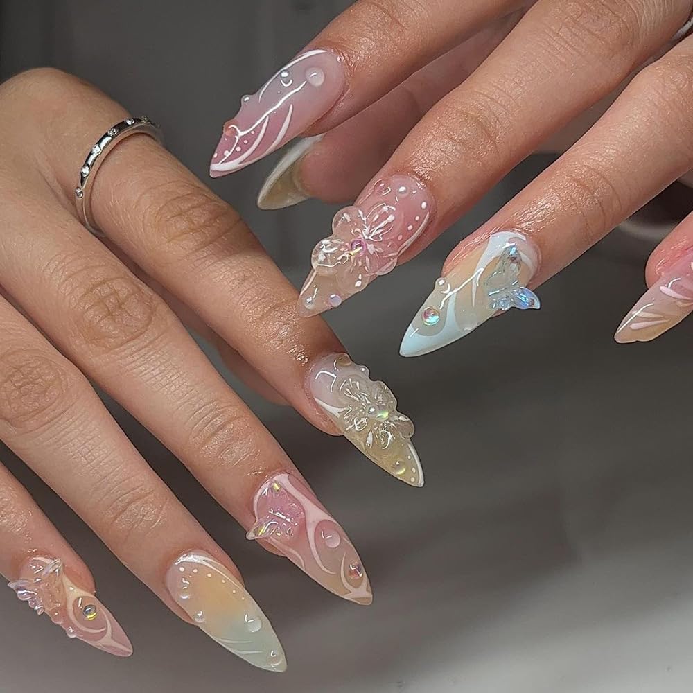 Cat Eye French Tip Press-On Nails - Nude & Pink Short Almond | Reusable Glue-On Nails with Gold Line for Weddings & Parties
