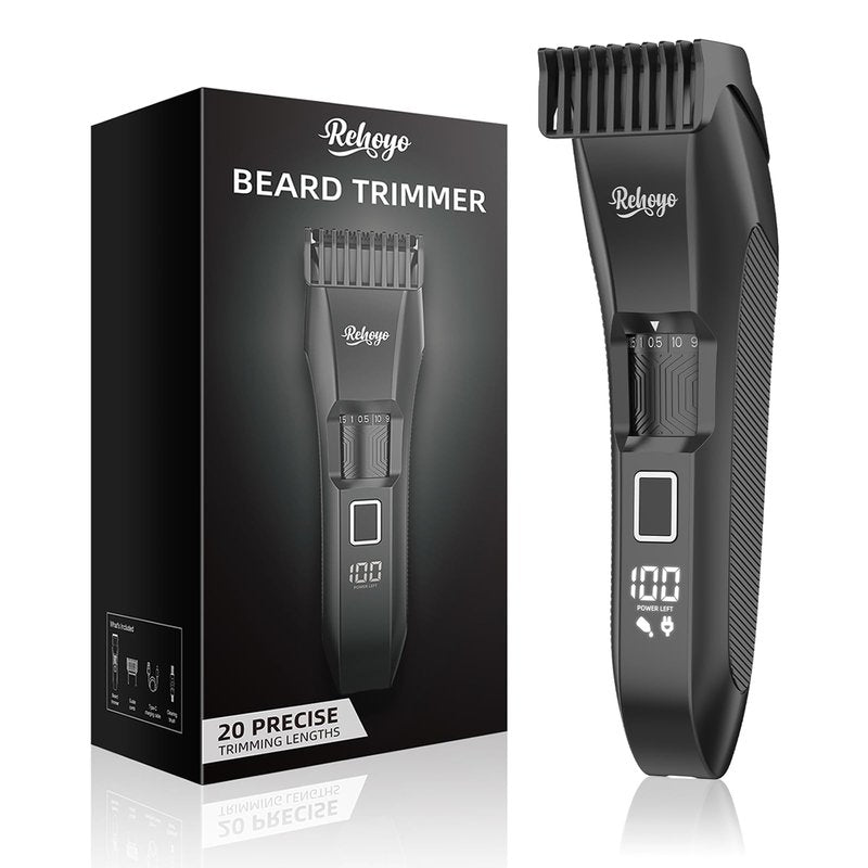 REHOYO Beard Trimmer for Men Adjustable: Professional Cordless Trimmer with 20-Length Dial – Waterproof Hair Clippers w/Stainless Steel Blades for Beard, Mustache & Face Grooming, Black