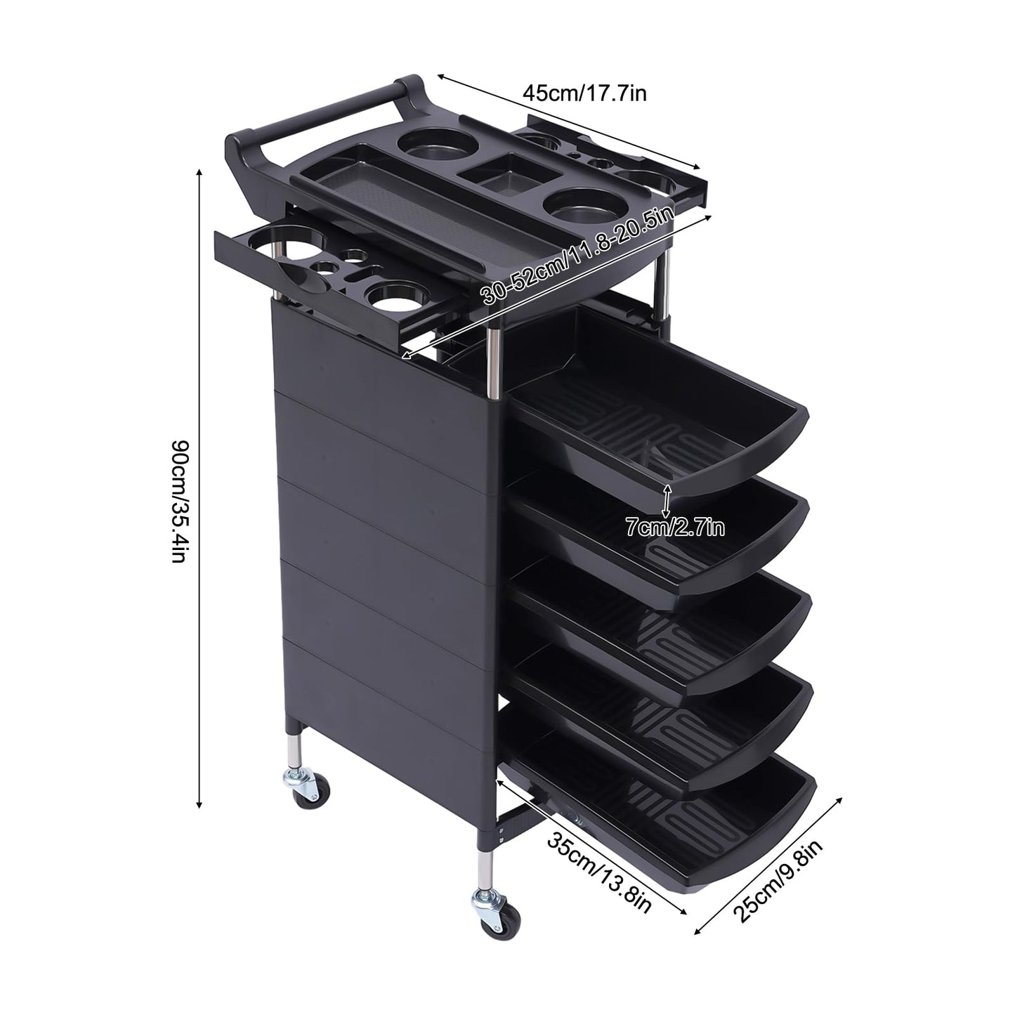 Salon Trolley, 6 Tiers Beauty Salon Trolley with Handle+Rolling Wheels, 5 Drawers and 2 Hair Dryer Holder Side Tray for Beauty Salons, Barber Stores, Hospitals, and Health Centers, Black