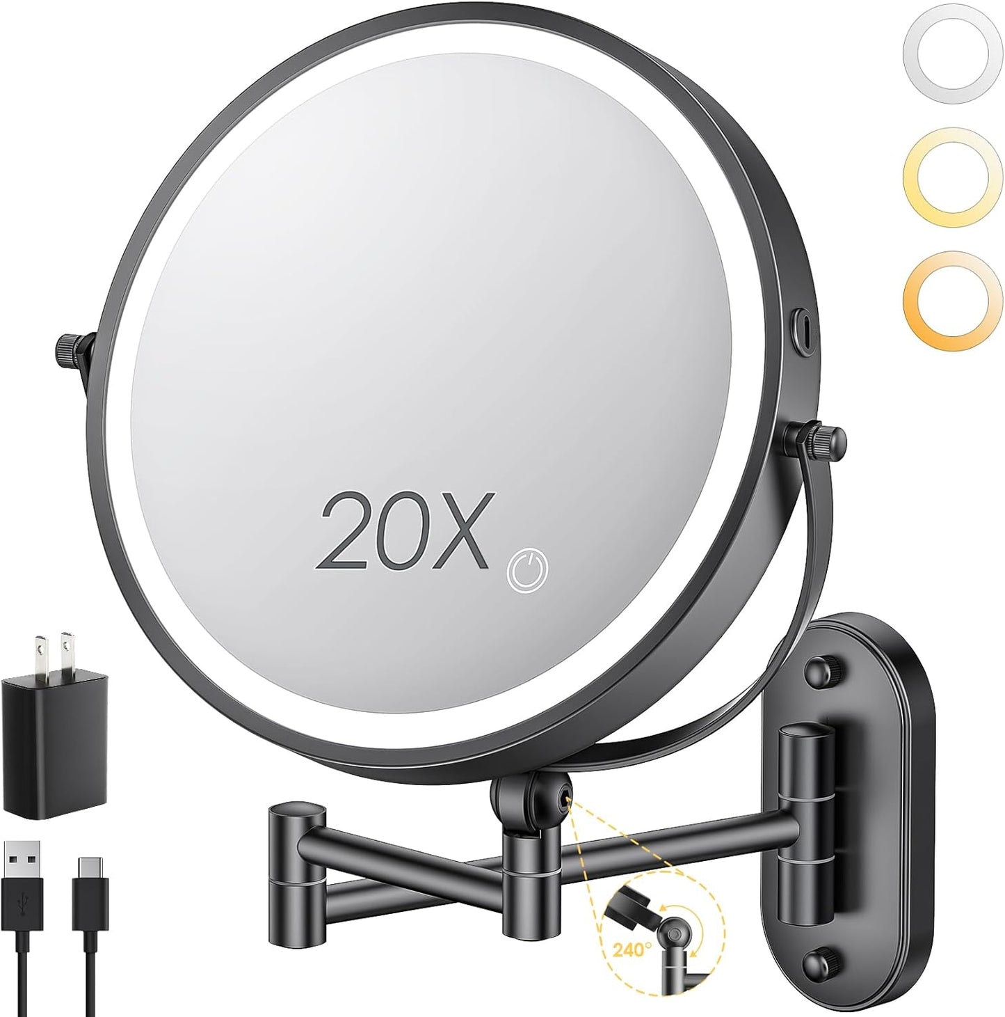 Wall Mounted Lighted Makeup Mirror - 9-Inch Rechargeable Double-Sided 1X/20X Magnification | Touch Dimmable, 360° Rotation, 3 Color Lights