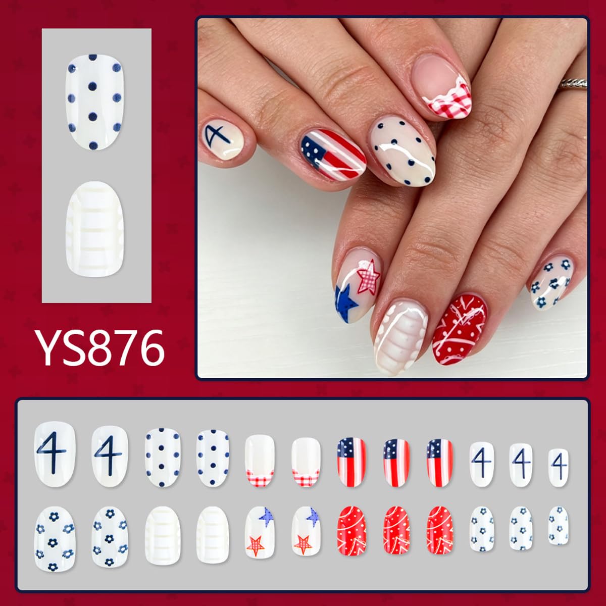 4th of July Press on Nails Medium Oval Patriotic Fake Nails with Star,American flag & Polka Dot Designs,French Tip 4th of July Nails Independence Day Full Cover Stick on Nail for Women Manicure 24Pcs